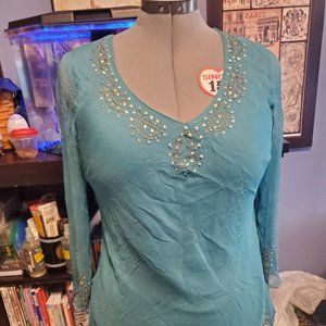 Sunny Leigh Silk Long Sleeve Tunic Top Sz S Teal With Beading